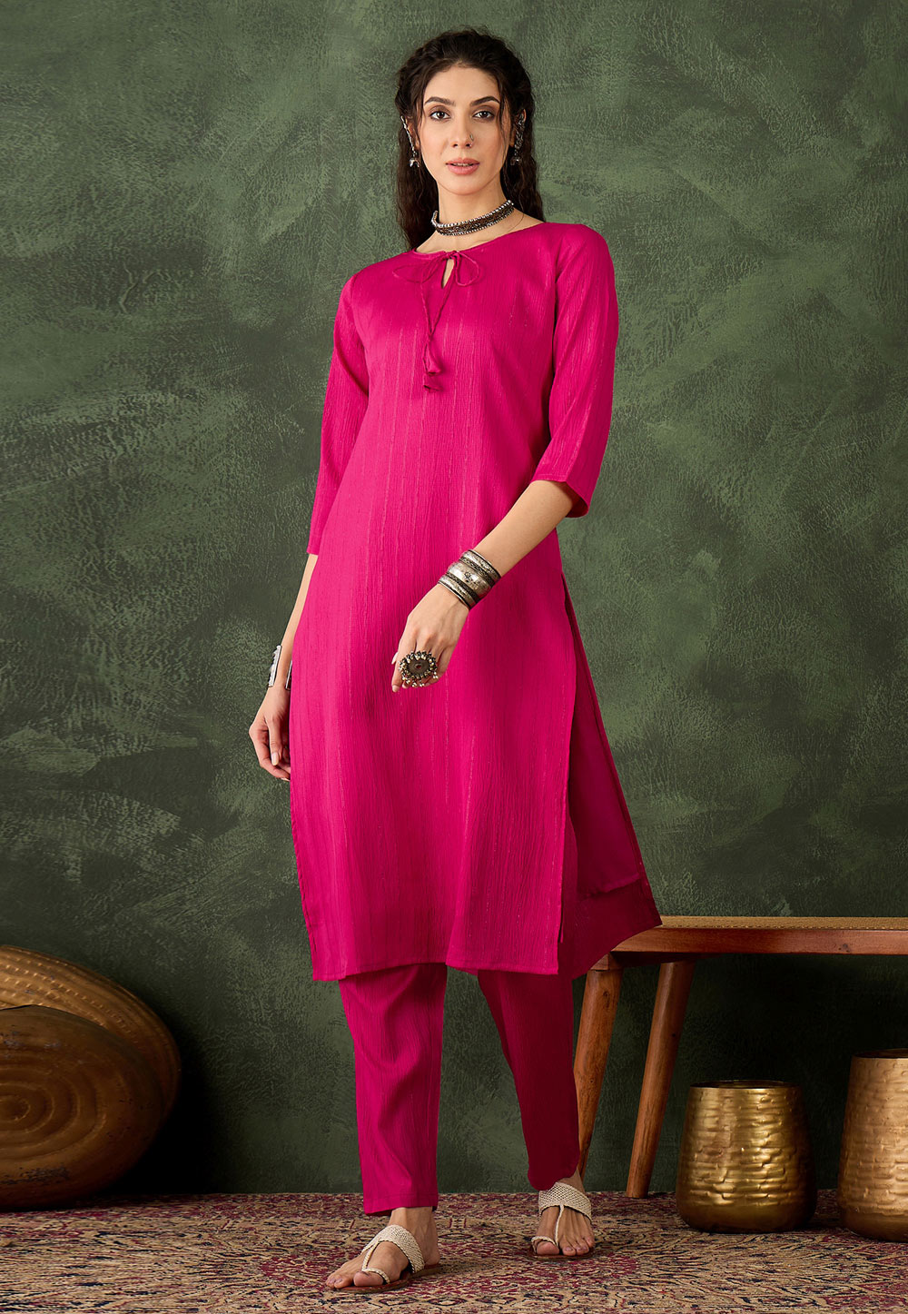 Magenta Cotton Silk Kurta Set With Pent 325219