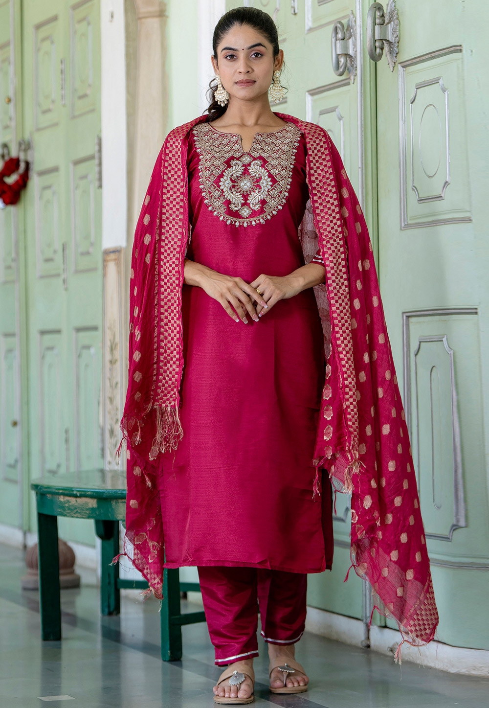 Magenta Cotton Silk Readymade Pant Style Suit 312146