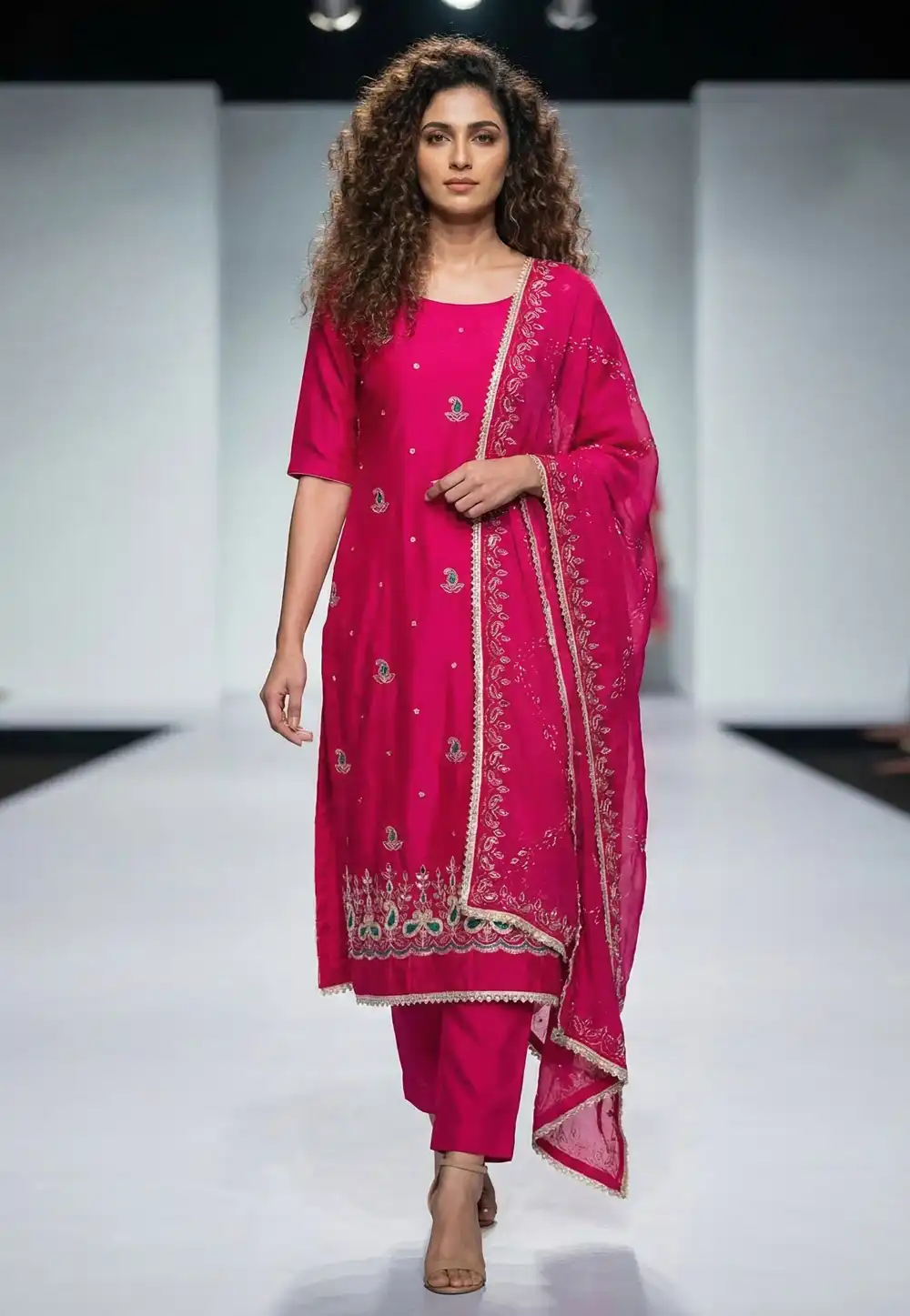 Magenta Cotton Silk Straight Suit 326428