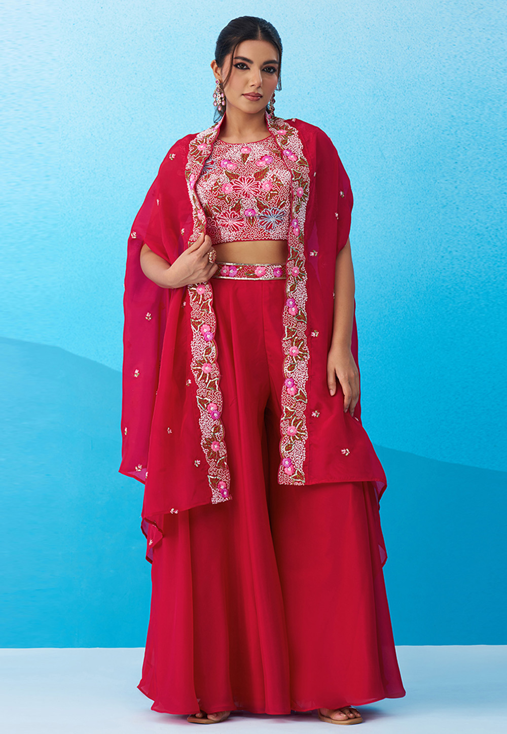 Magenta Crepe Palazzo With Crop Top 326288