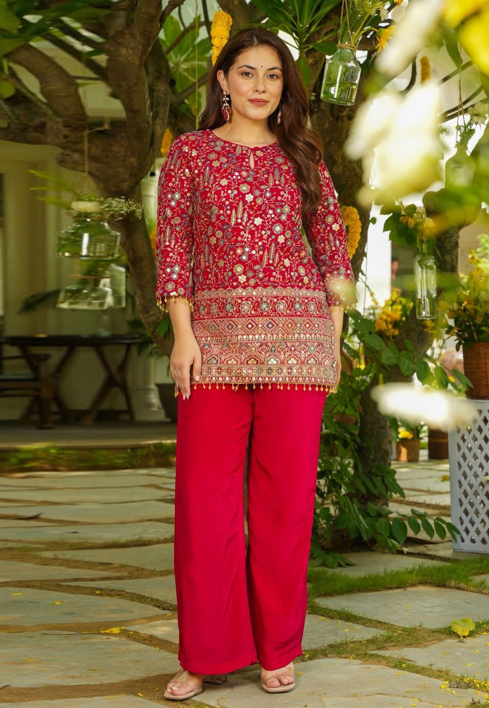Magenta Crepe Silk Kurta Set With Palazzo 328018