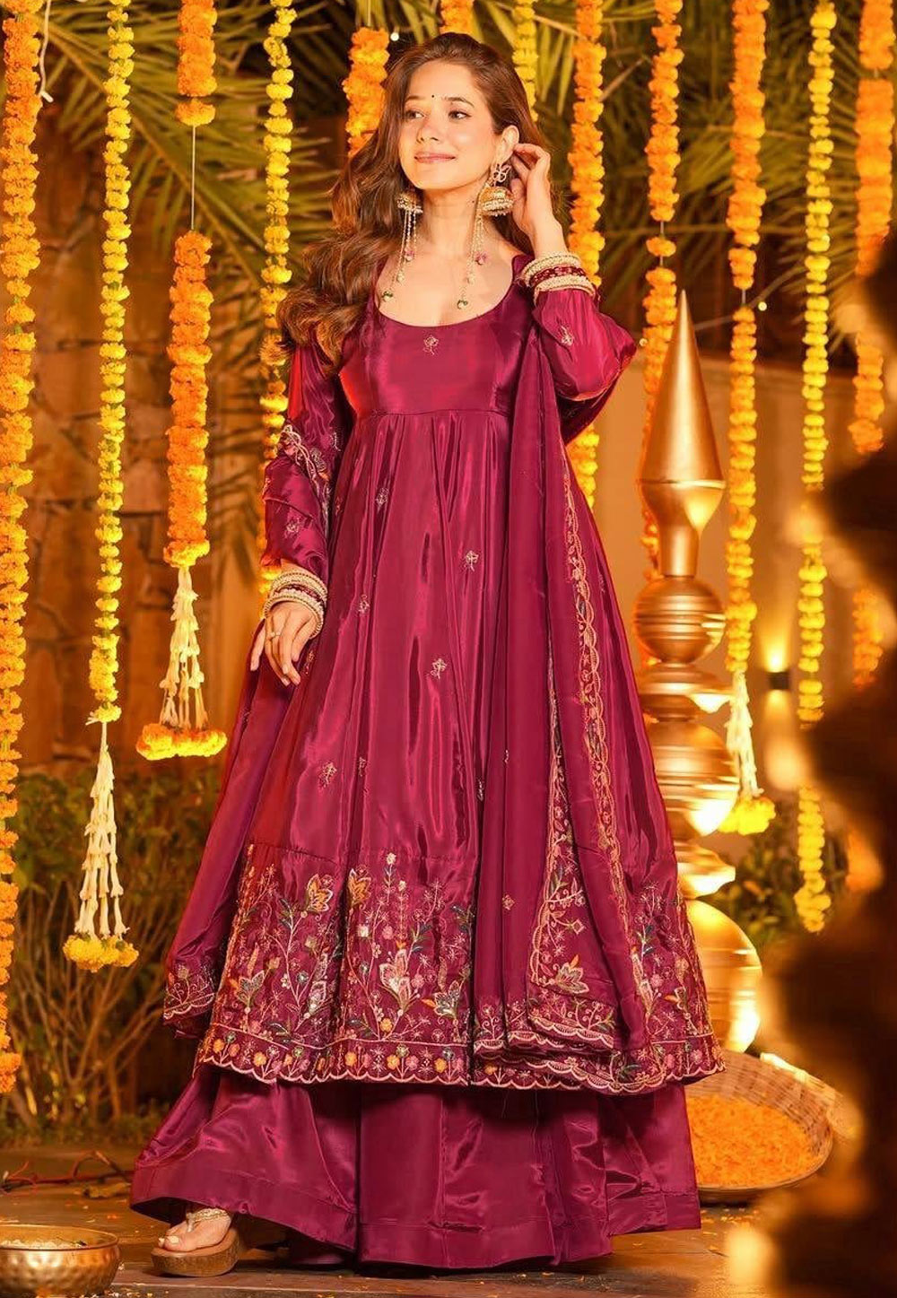 Magenta Crepe Silk Readymade Palazzo Suit 322259