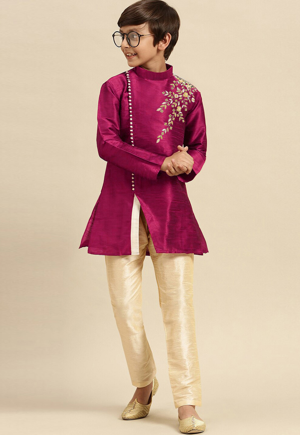 Magenta Dupion Silk Kids Kurta Pajama 316883