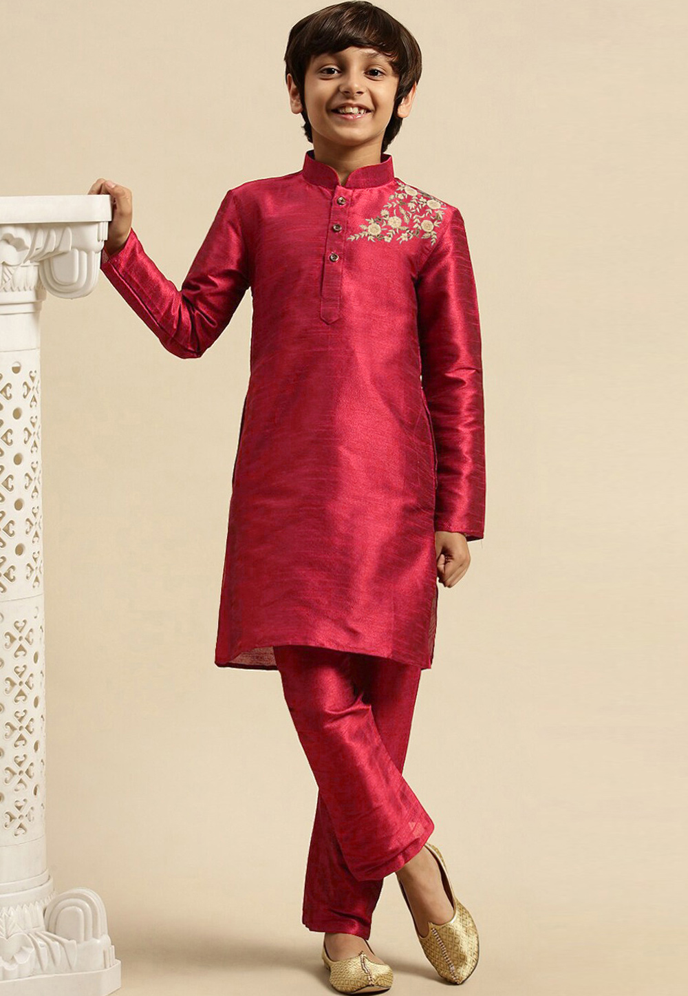 Magenta Dupion Silk Kids Kurta Pajama 316888