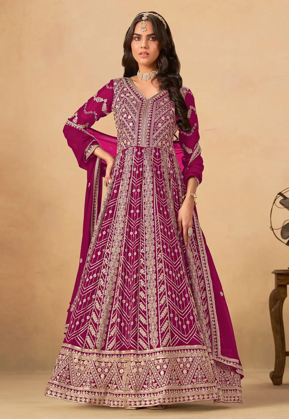 Magenta Faux Georgette Embroidered Long Anarkali Suit 319189