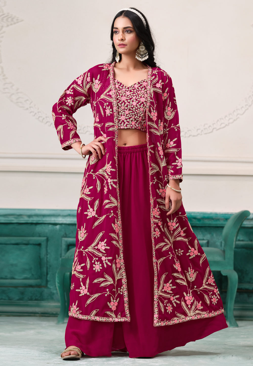 Magenta Faux Georgette Jacket Style Suit 306897