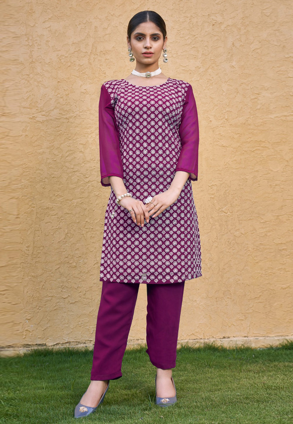 Magenta Faux Georgette Kurta Set With Pant 311767