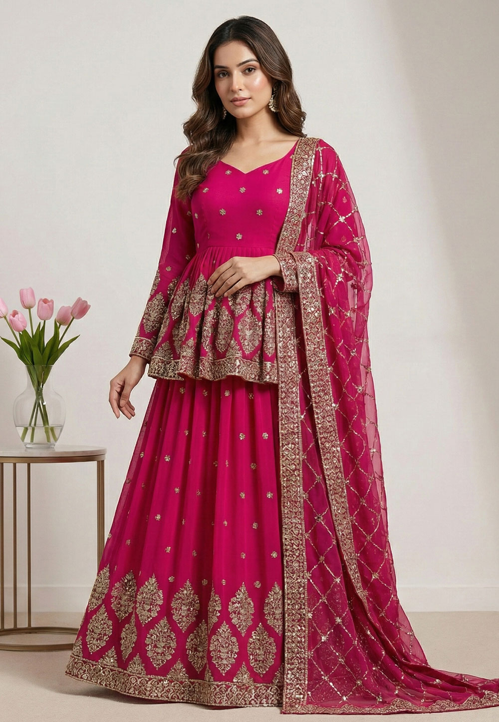 Magenta Faux Georgette Long Choli Lehenga 324154