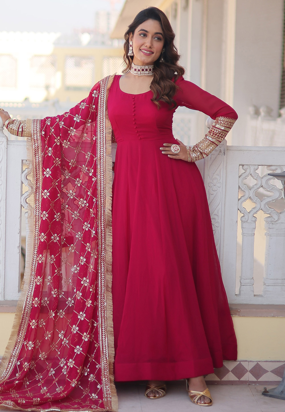 Magenta Faux Georgette Readymade Anarkali Suit 279668