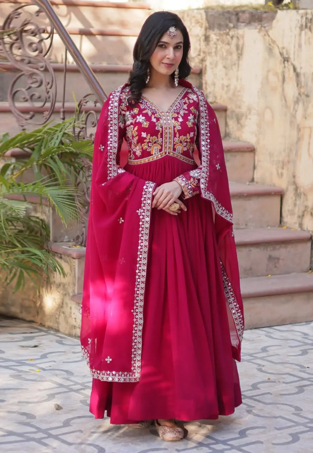 Magenta Faux Georgette Readymade Anarkali Suit 304068