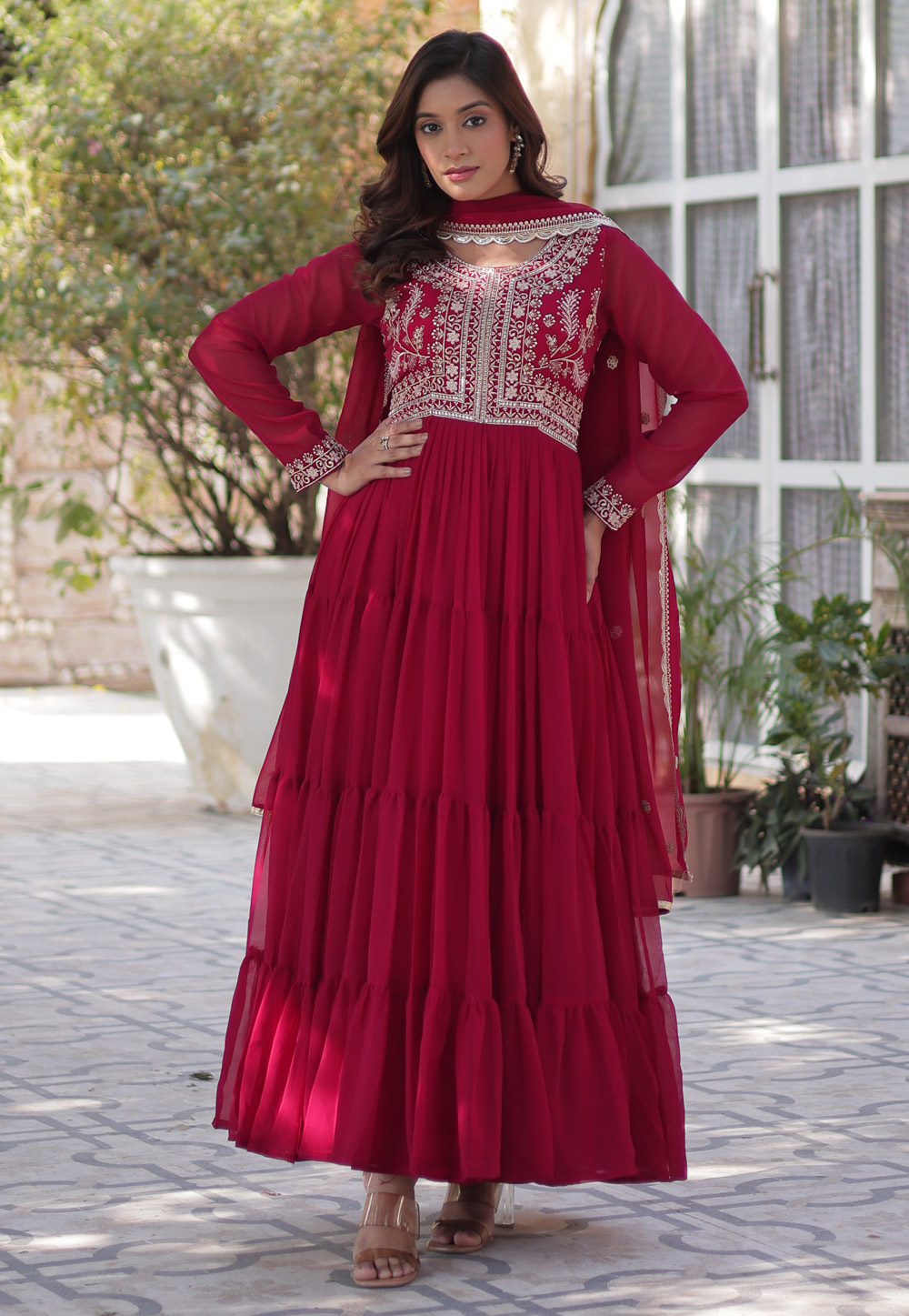 Magenta Faux Georgette Readymade Anarkali Suit 306346