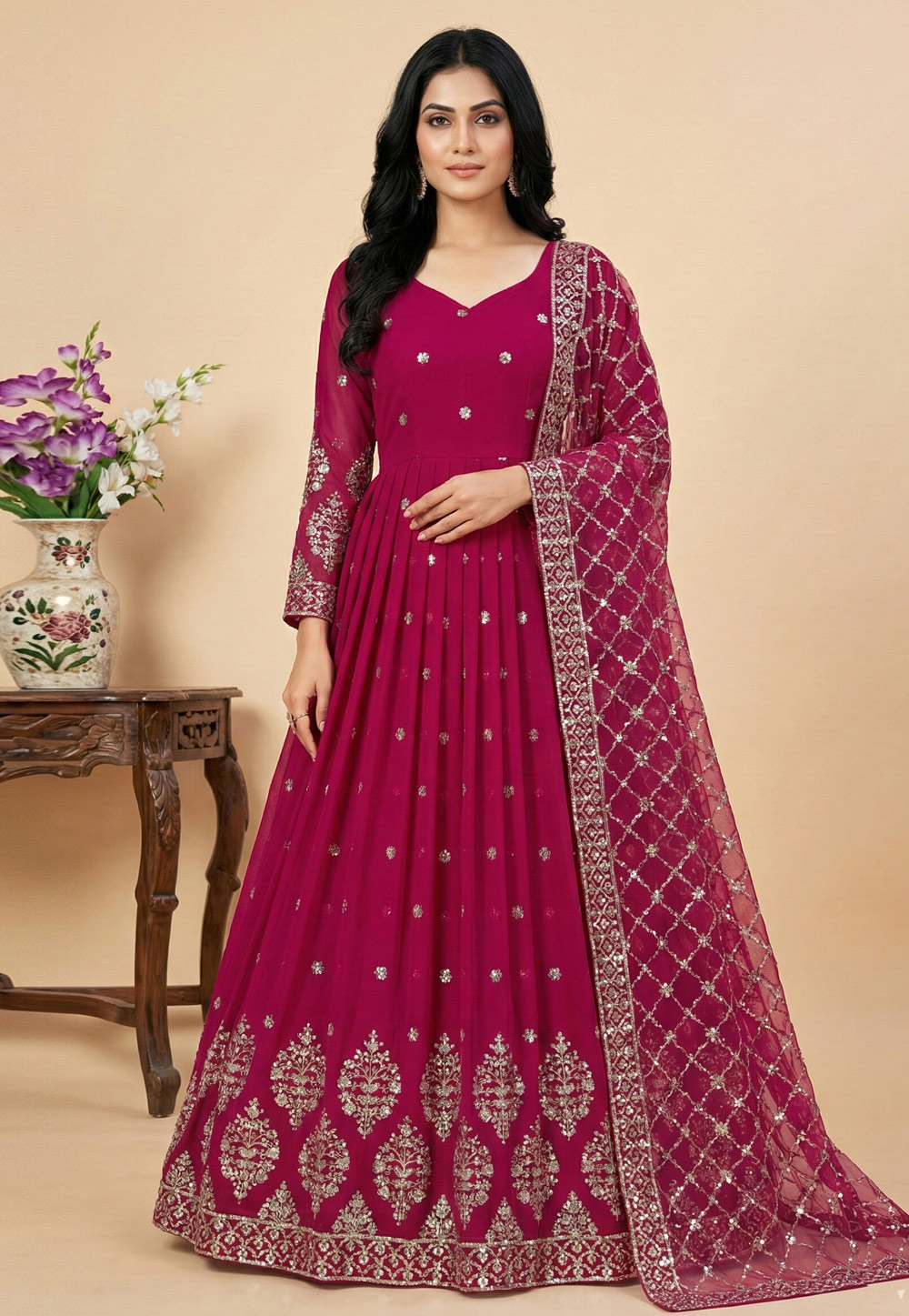 Magenta Faux Georgette Readymade Anarkali Suit 324004