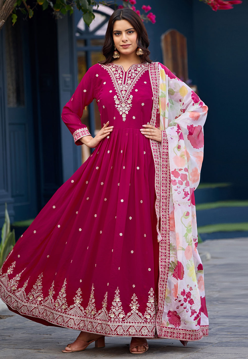 Magenta Faux Georgette Readymade Anarkali Suit 325326