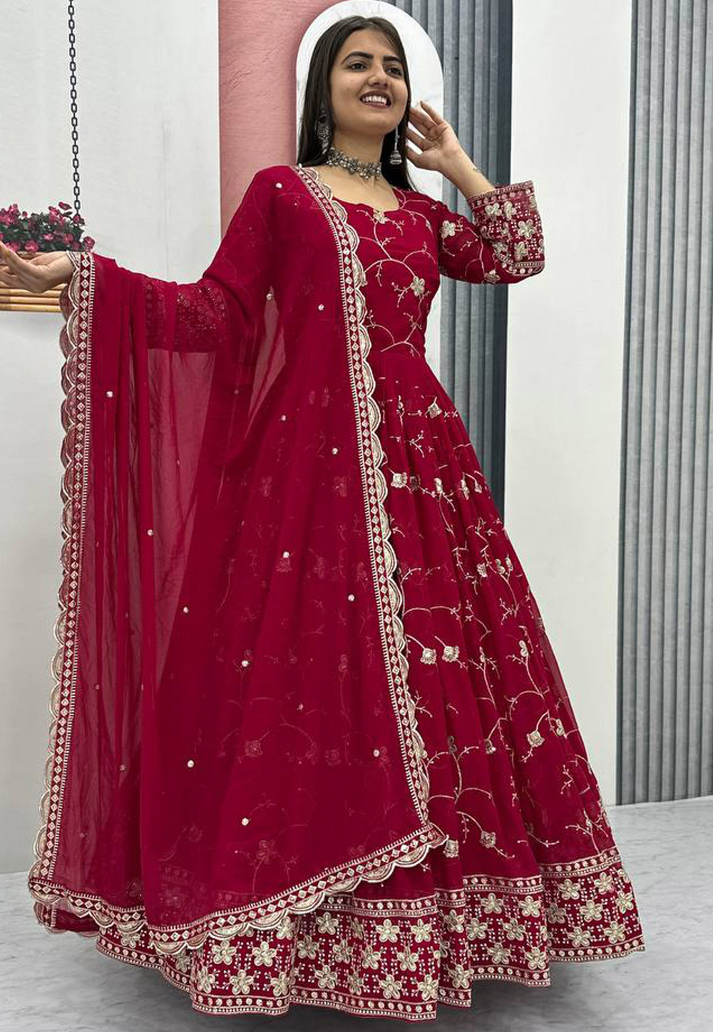 Magenta Faux Georgette Readymade Anarkali Suit 328910