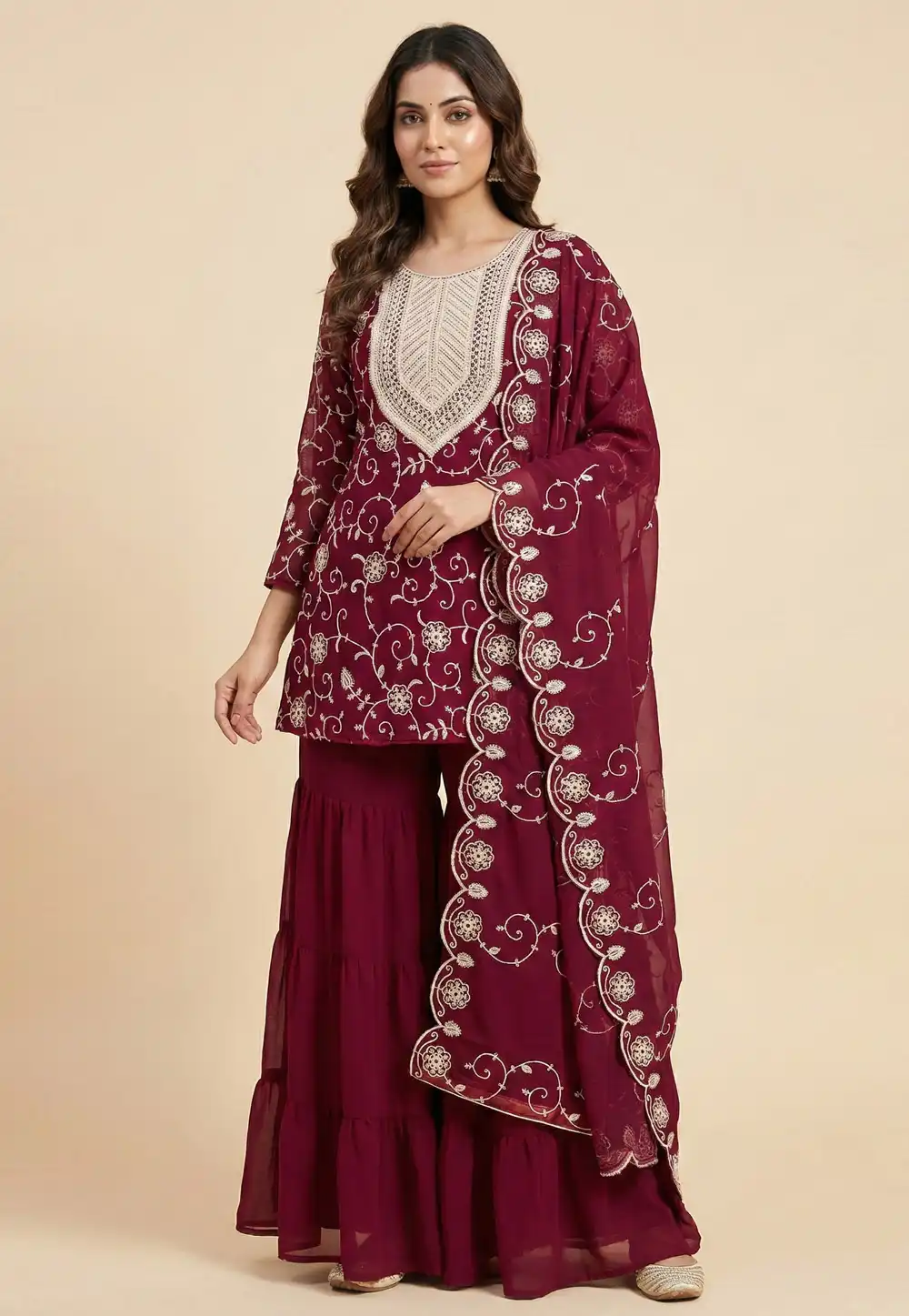 Magenta Faux Georgette Readymade Gharara Suit 323822