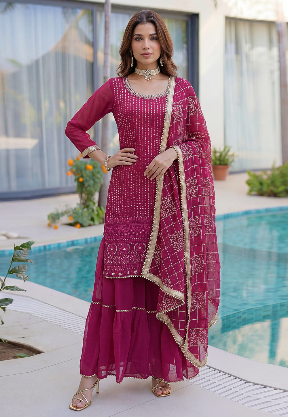 Magenta Faux Georgette Readymade Gharara Suit 327998