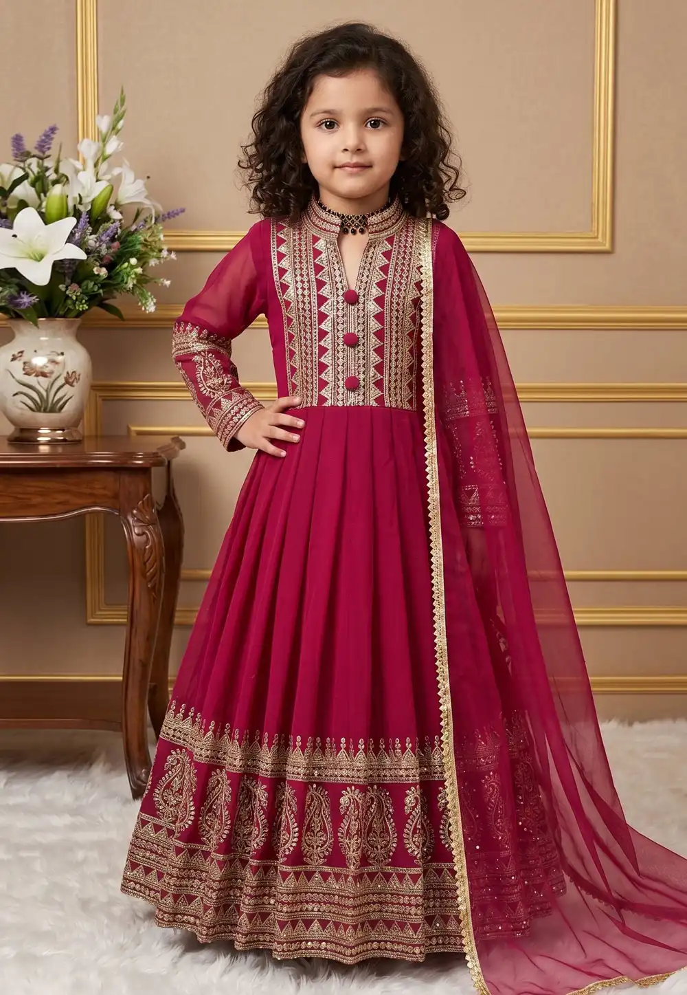 Magenta Faux Georgette Readymade Kids Gown 329938