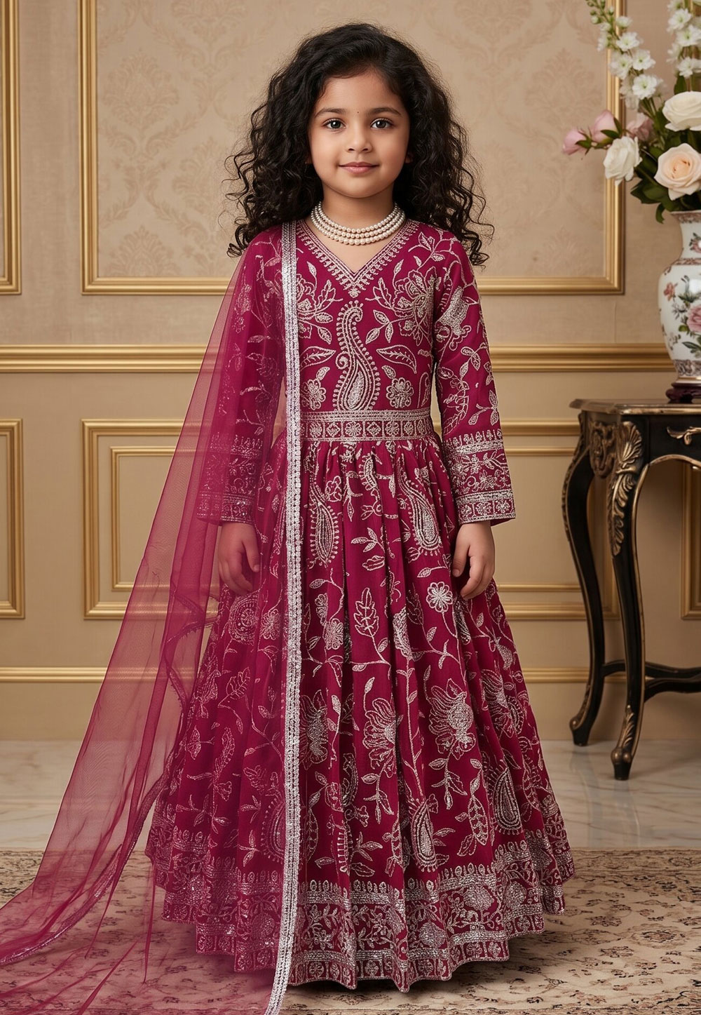 Magenta Faux Georgette Readymade Kids Gown 329941