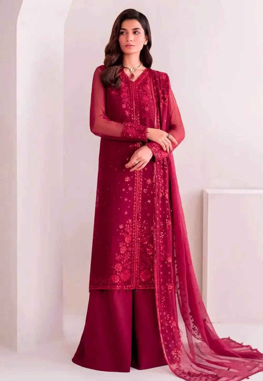 Magenta Faux Georgette Readymade Pakistani Palazzo Suit 313379