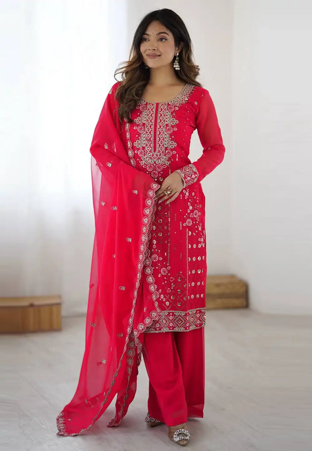 Magenta Faux Georgette Readymade Pakistani Suit 322215
