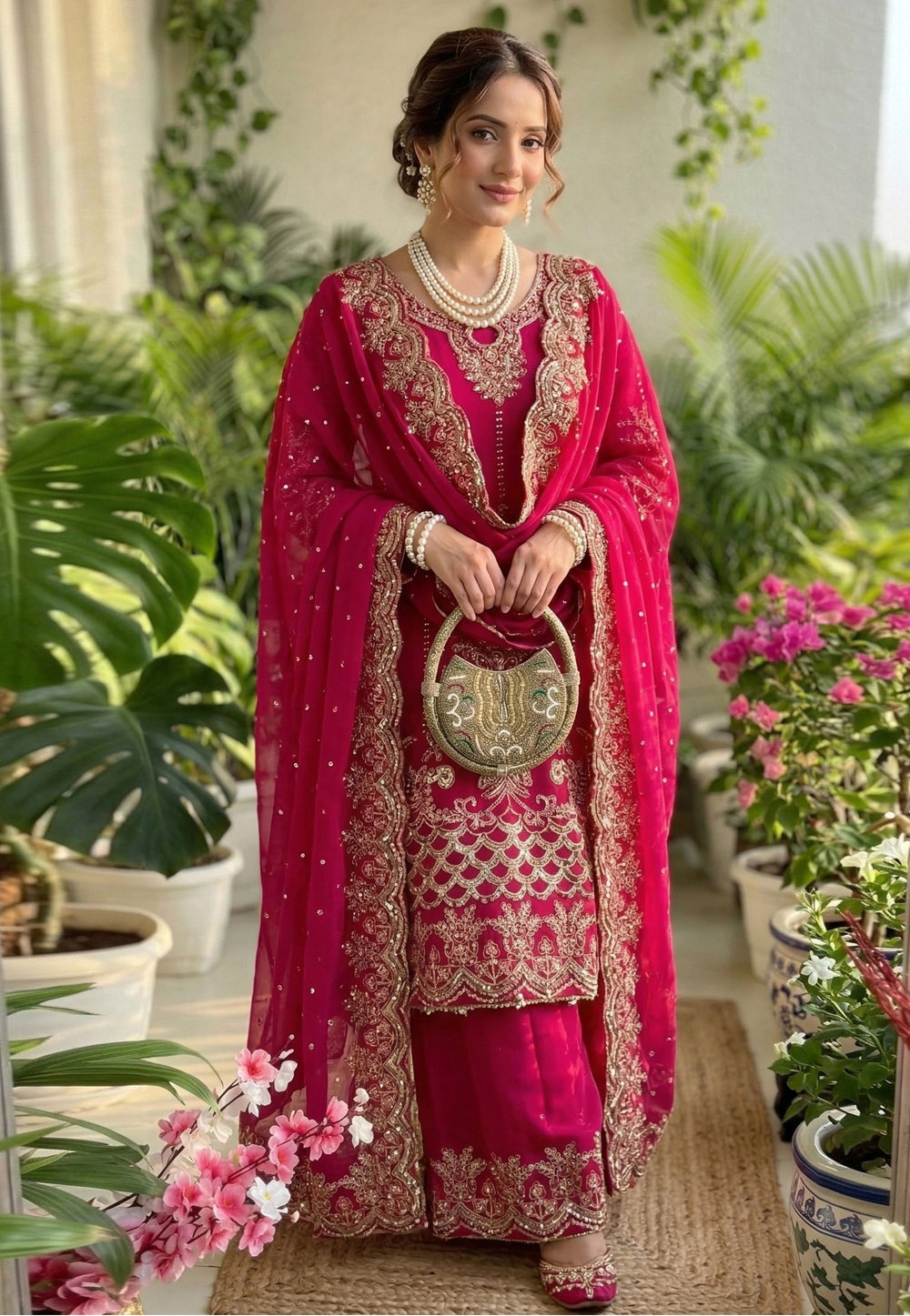 Magenta Faux Georgette Readymade Palazzo Suit 327329