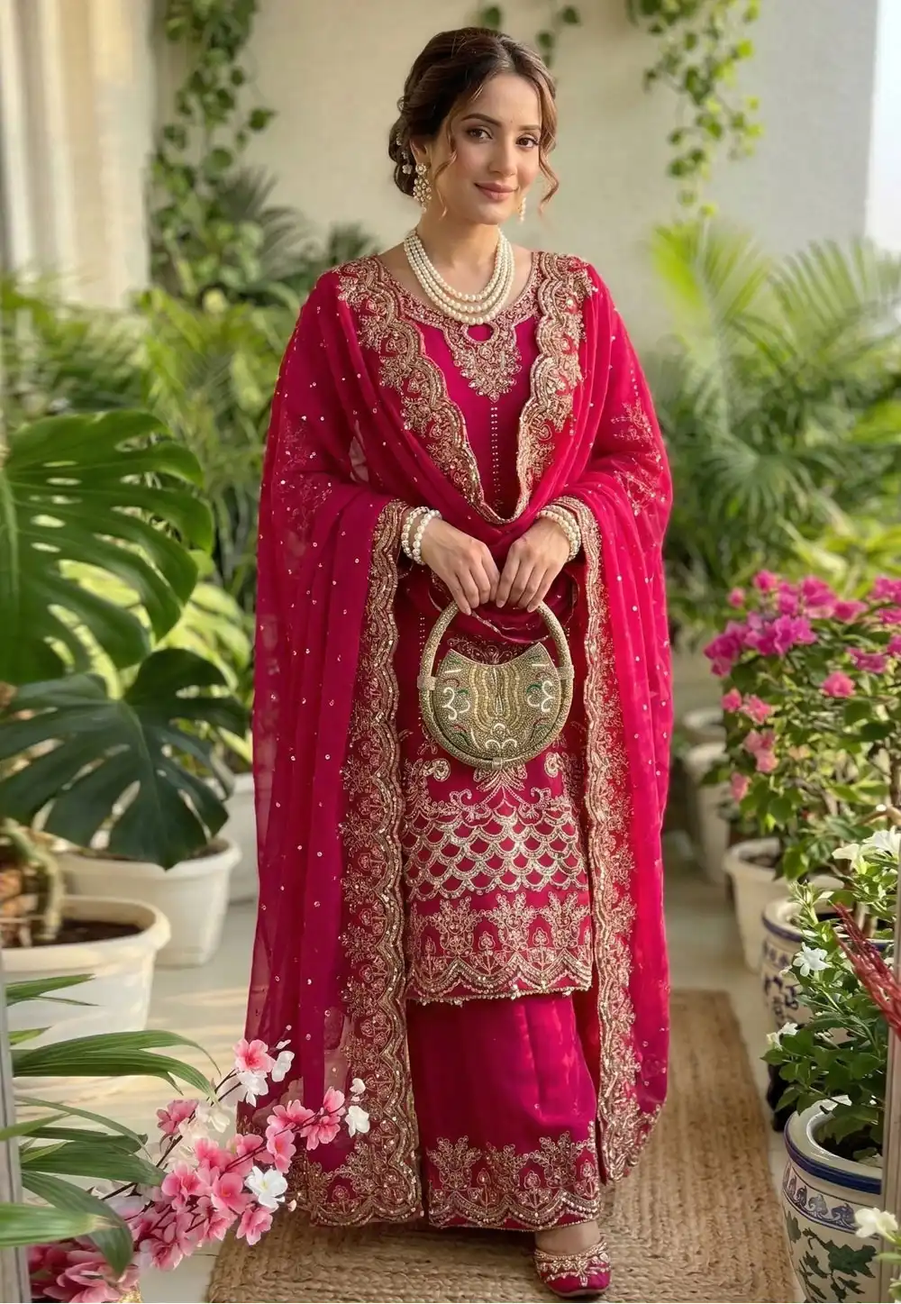 Magenta Faux Georgette Readymade Palazzo Suit 327329