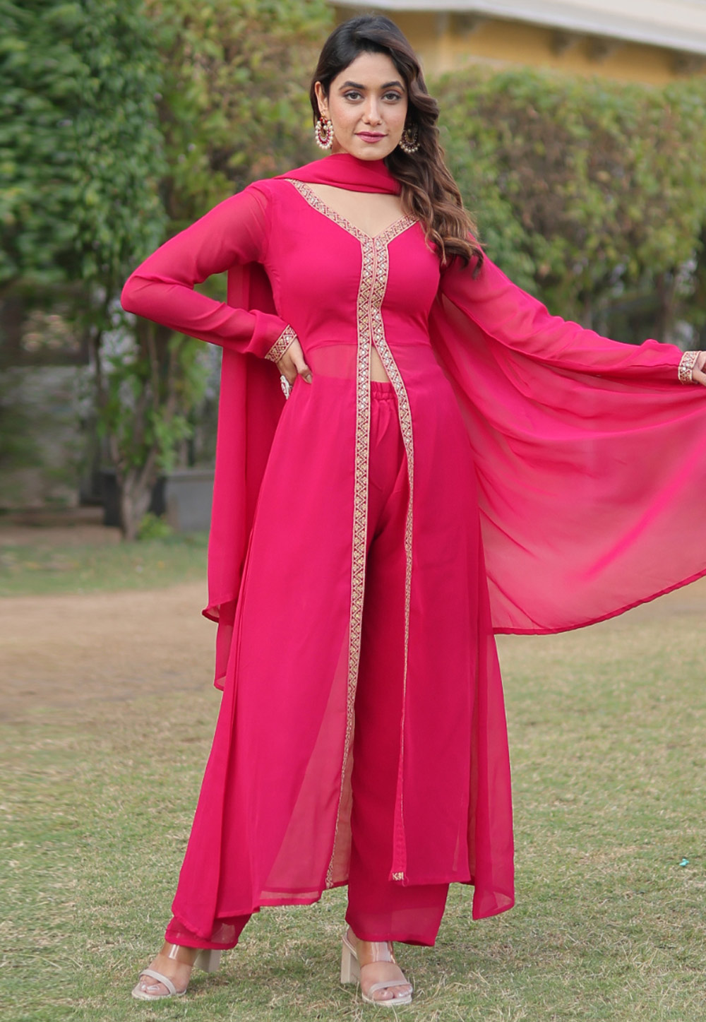 Magenta Faux Georgette Readymade Palazzo Suit 283501