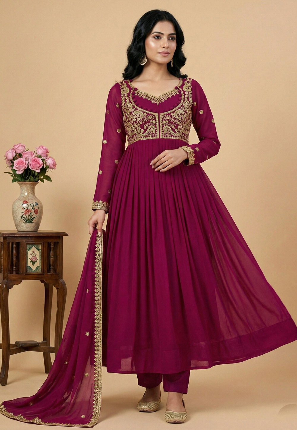 Magenta Faux Georgette Readymade Pant Style Suit 324487