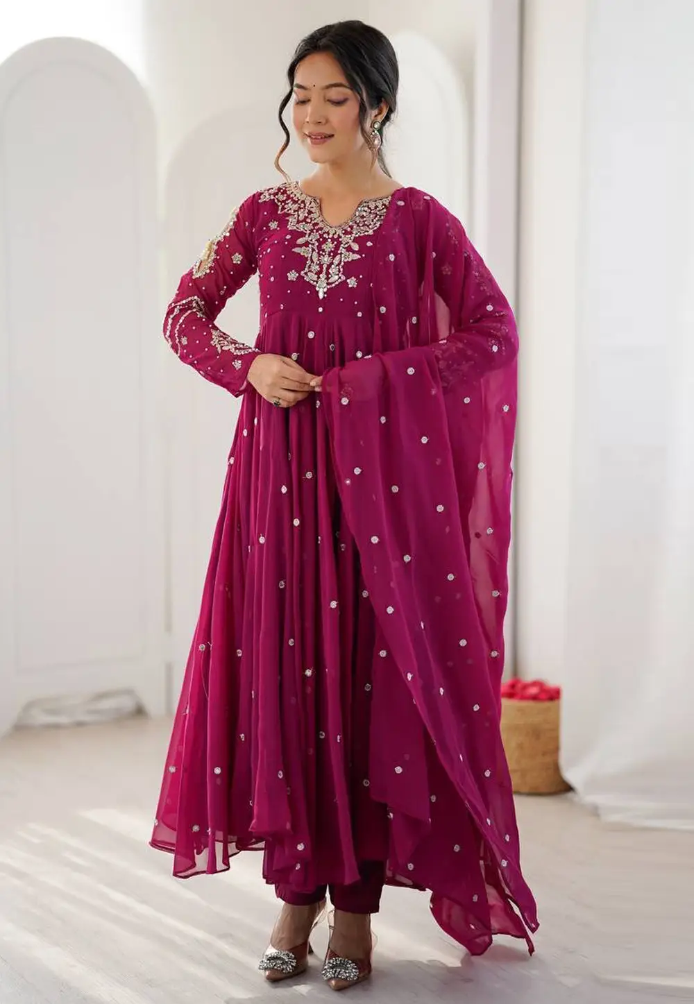 Magenta Faux Georgette Readymade Pant Style Suit 333736