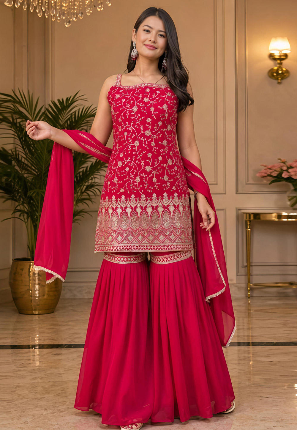 Magenta Faux Georgette Readymade Sharara Suit 329210