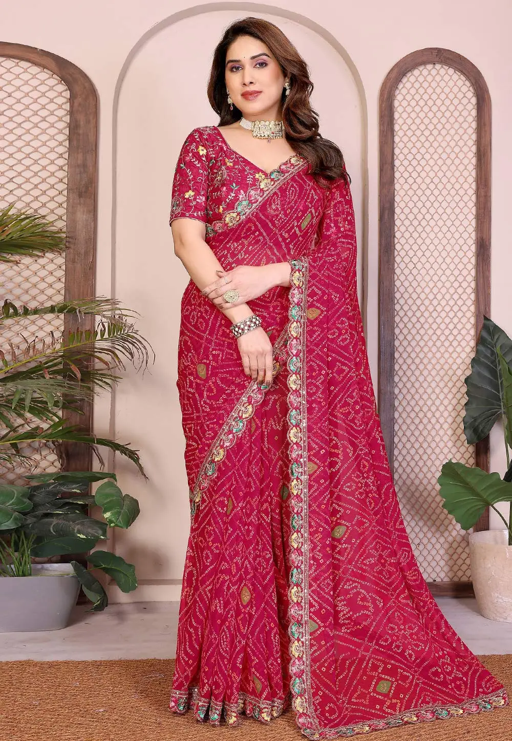Magenta Georgette Bandhani Print Saree 332219