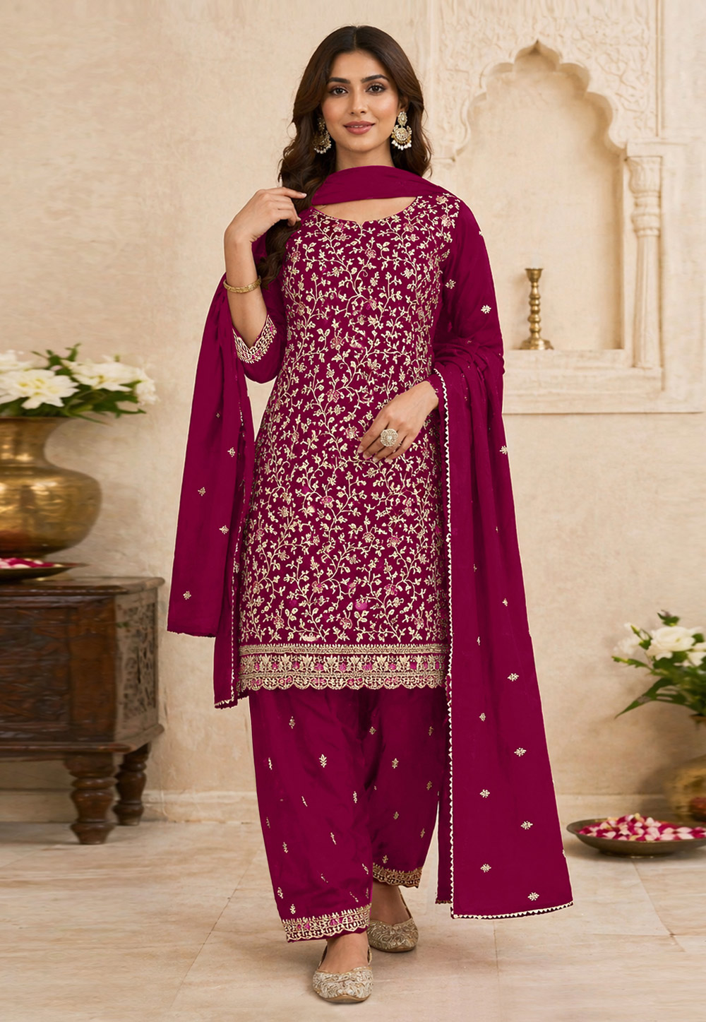 Magenta Georgette Embroidered Palazzo Suit 330377