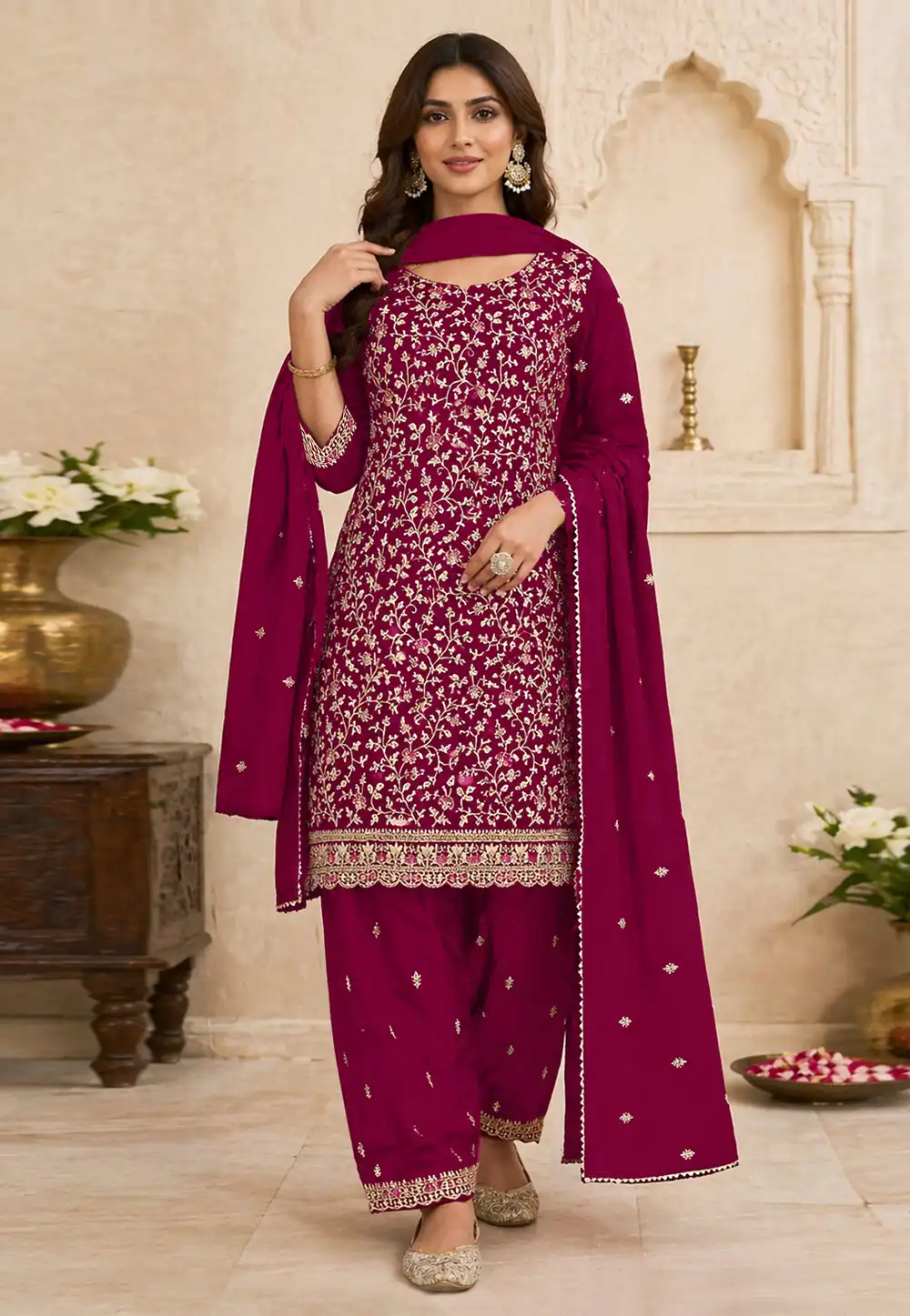 Magenta Georgette Embroidered Palazzo Suit 330377