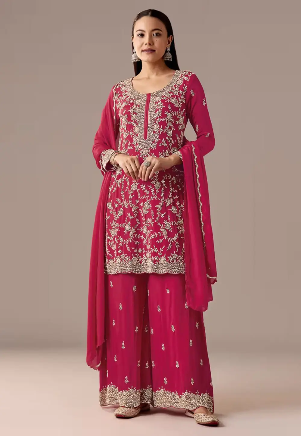 Magenta Georgette Embroidered Palazzo Suit 333443