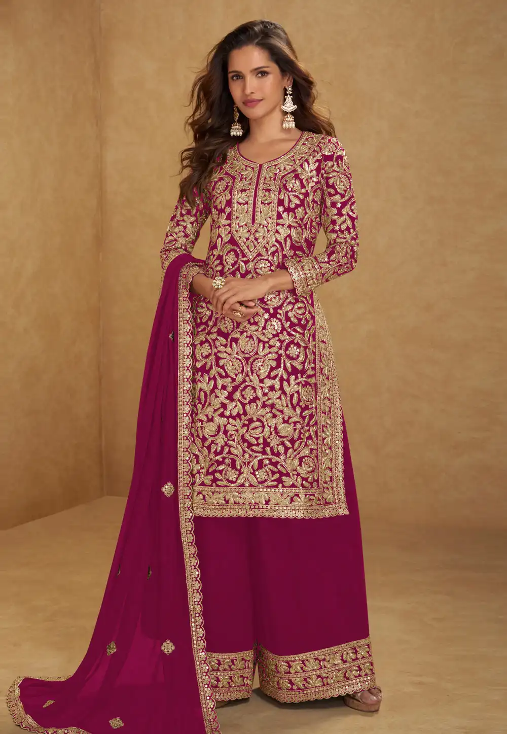 Magenta Georgette Embroidered Palazzo Suit 326807