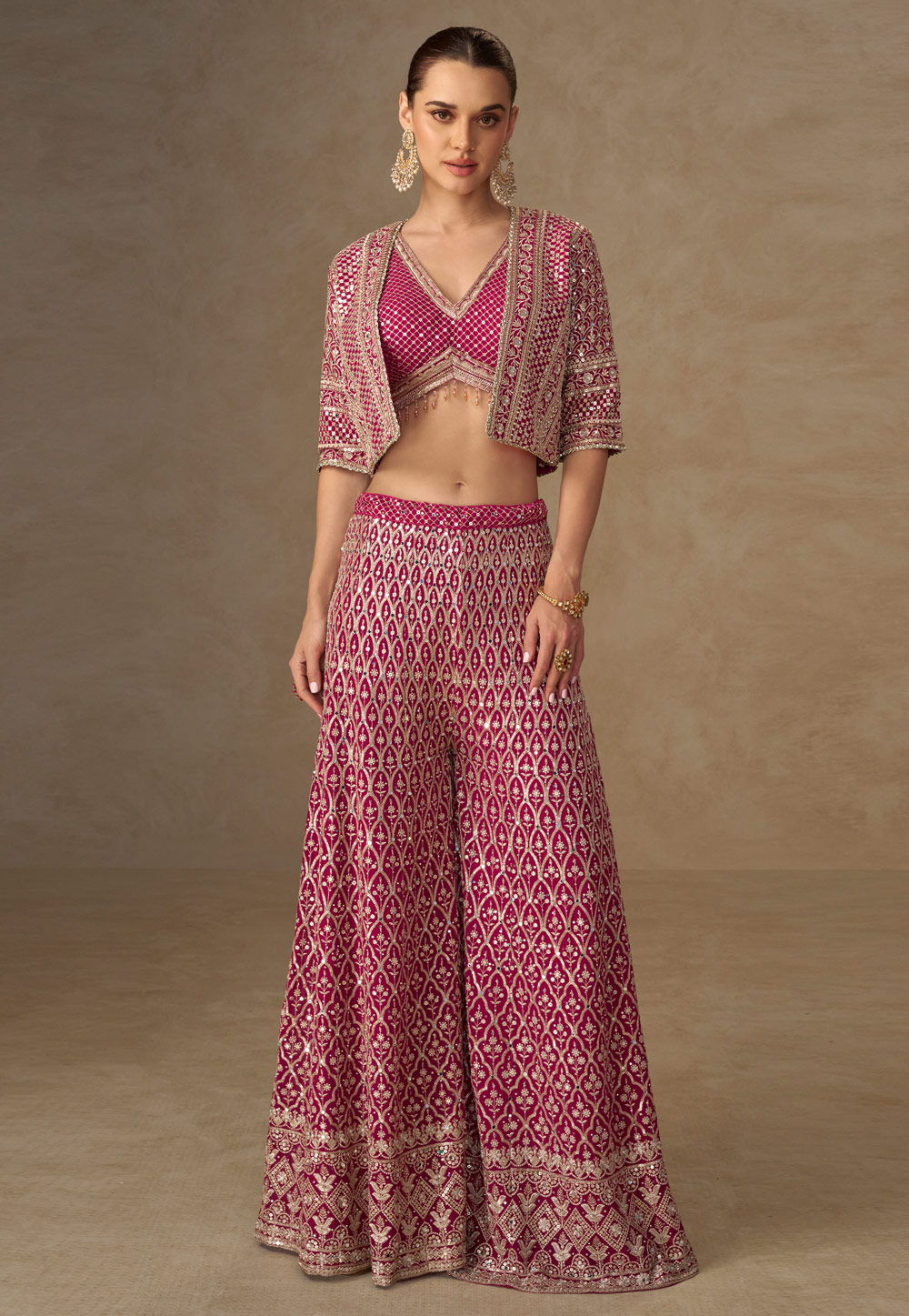 Magenta Georgette Palazzo With Crop Top 319914