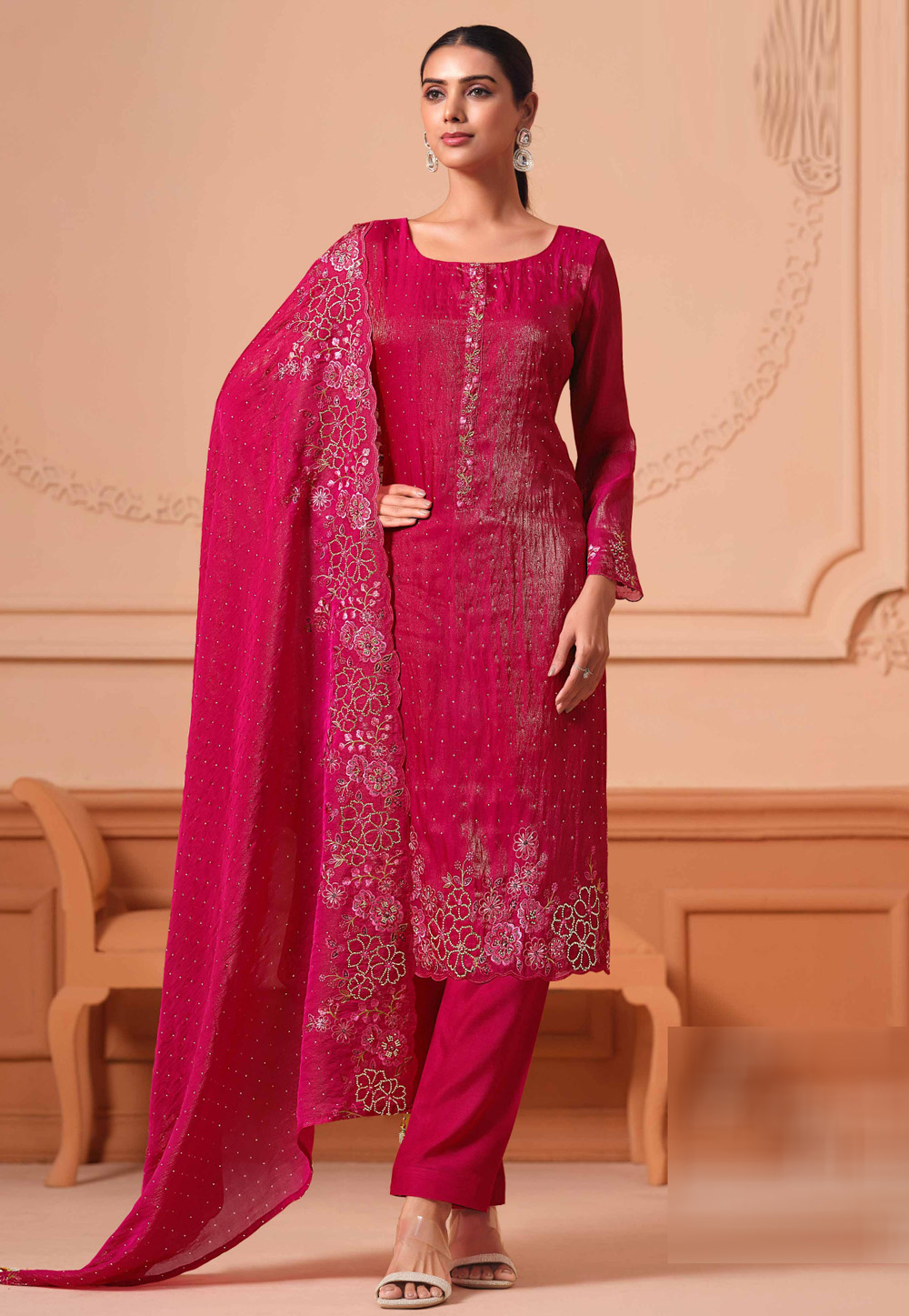 Magenta Georgette Pant Style Suit 308923
