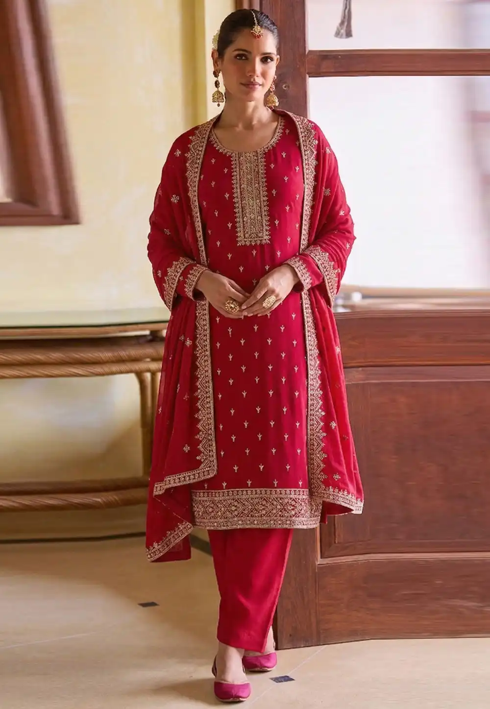 Magenta Georgette Pant Style Suit 329754