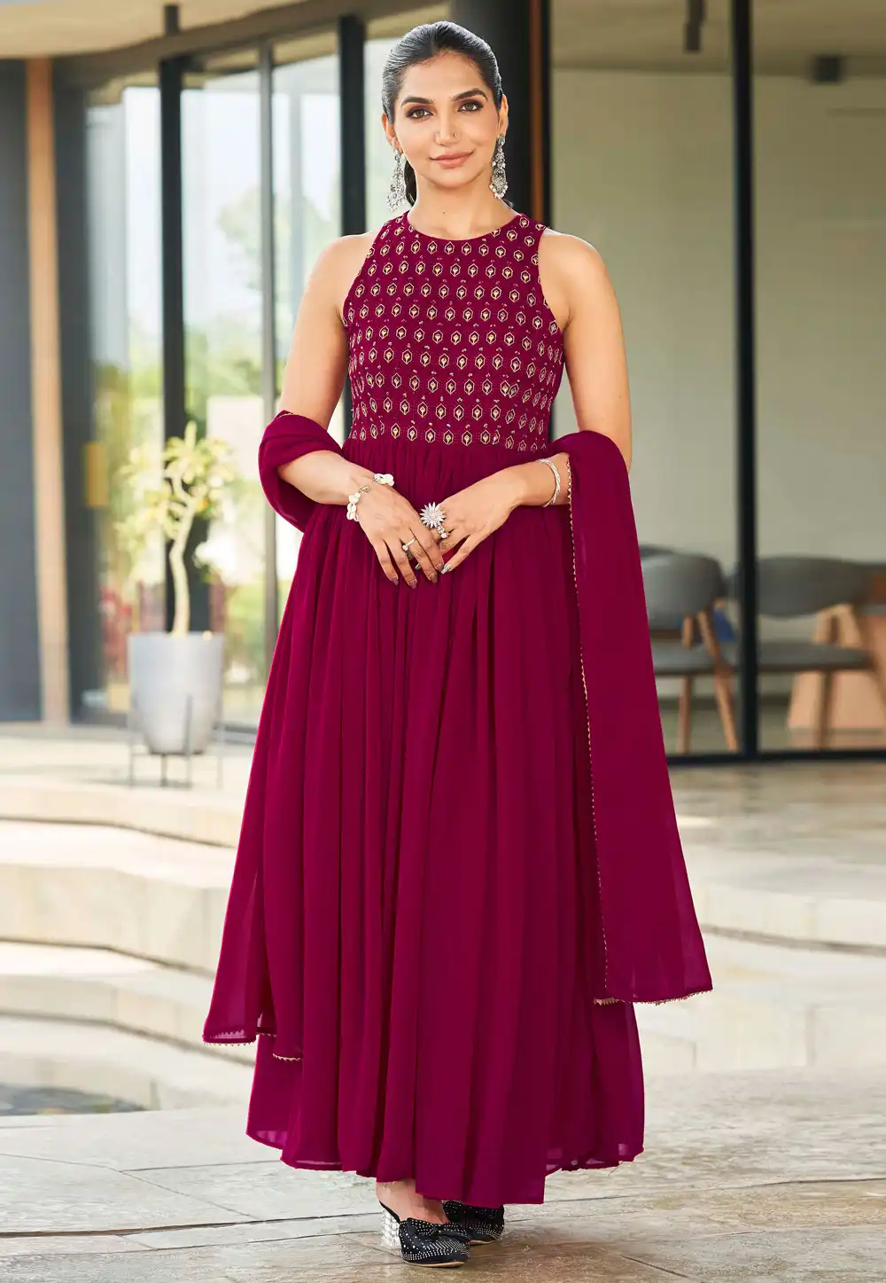 Magenta Georgette Readymade Anarkali Suit 328585