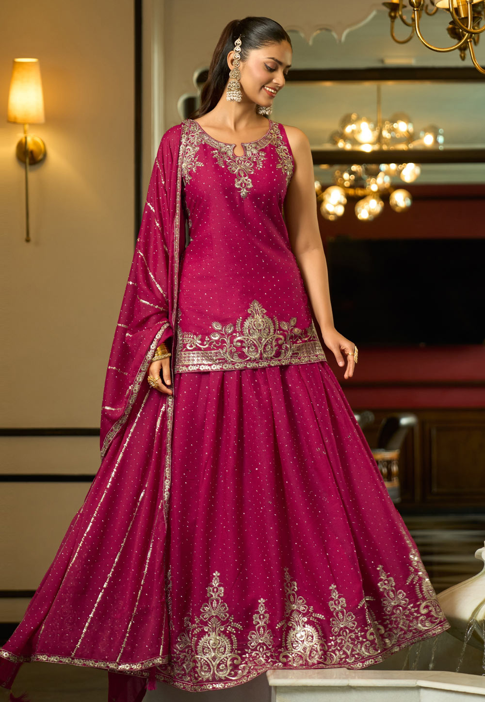 Magenta Georgette Readymade Long Choli Lehenga 324709