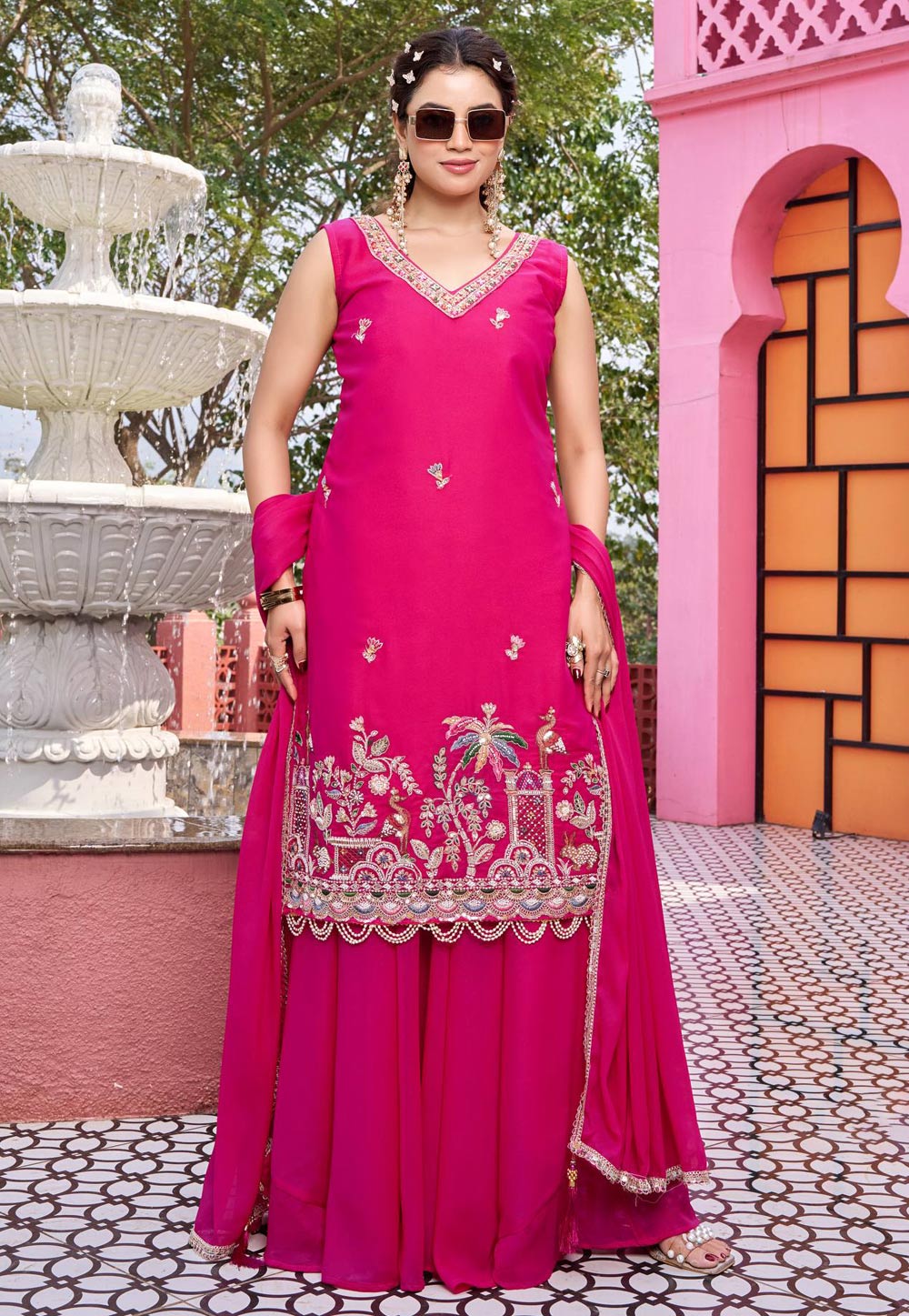 Magenta Georgette Readymade Palazzo Suit 323461
