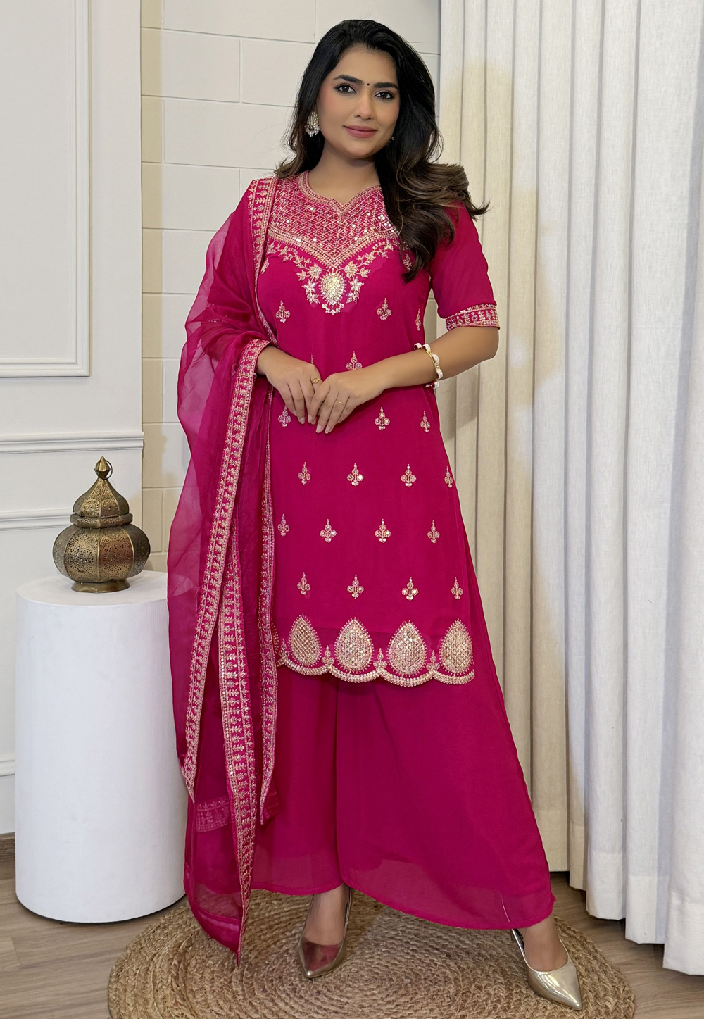 Magenta Georgette Readymade Palazzo Suit 312327