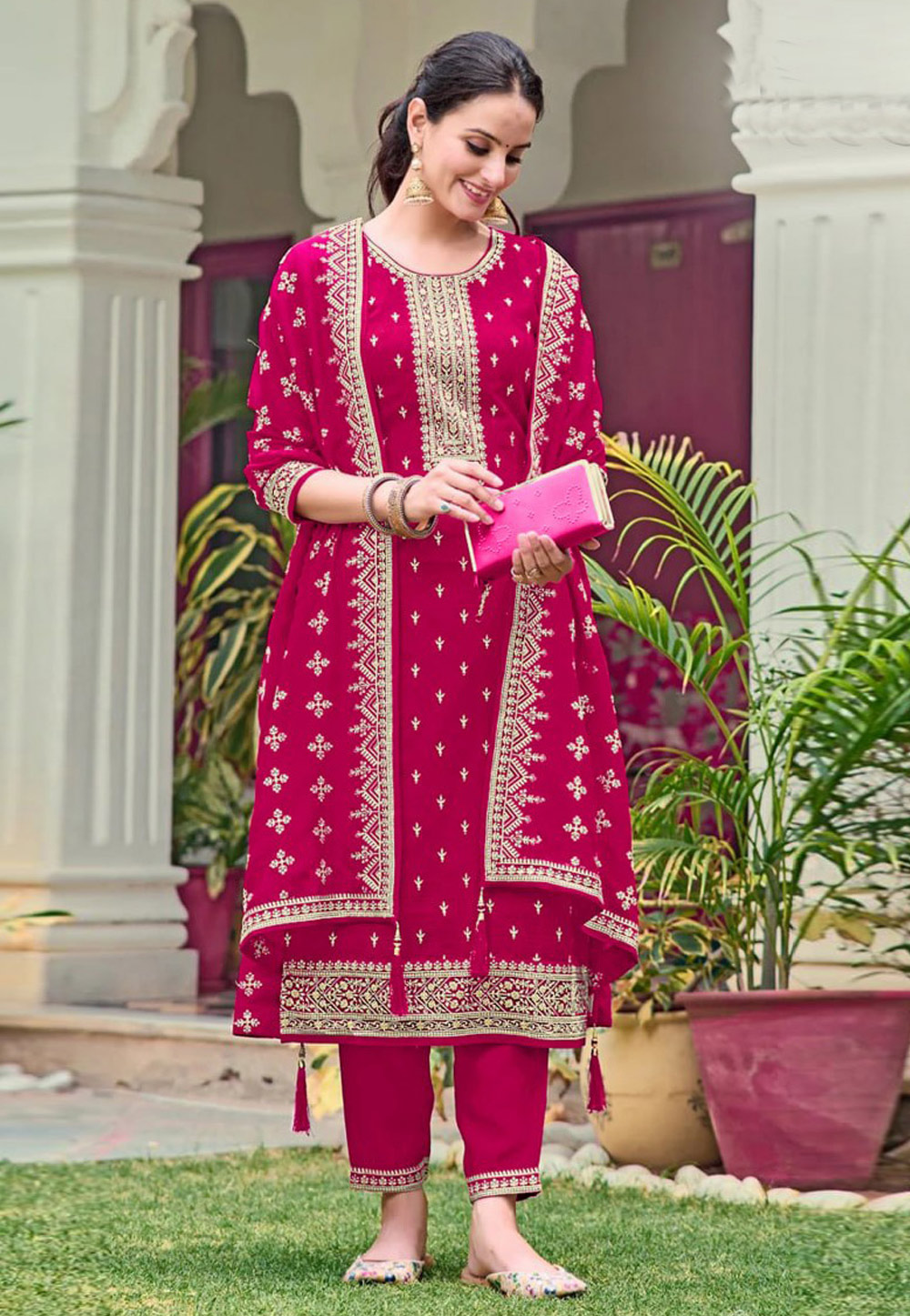 Magenta Georgette Straight Suit 327255