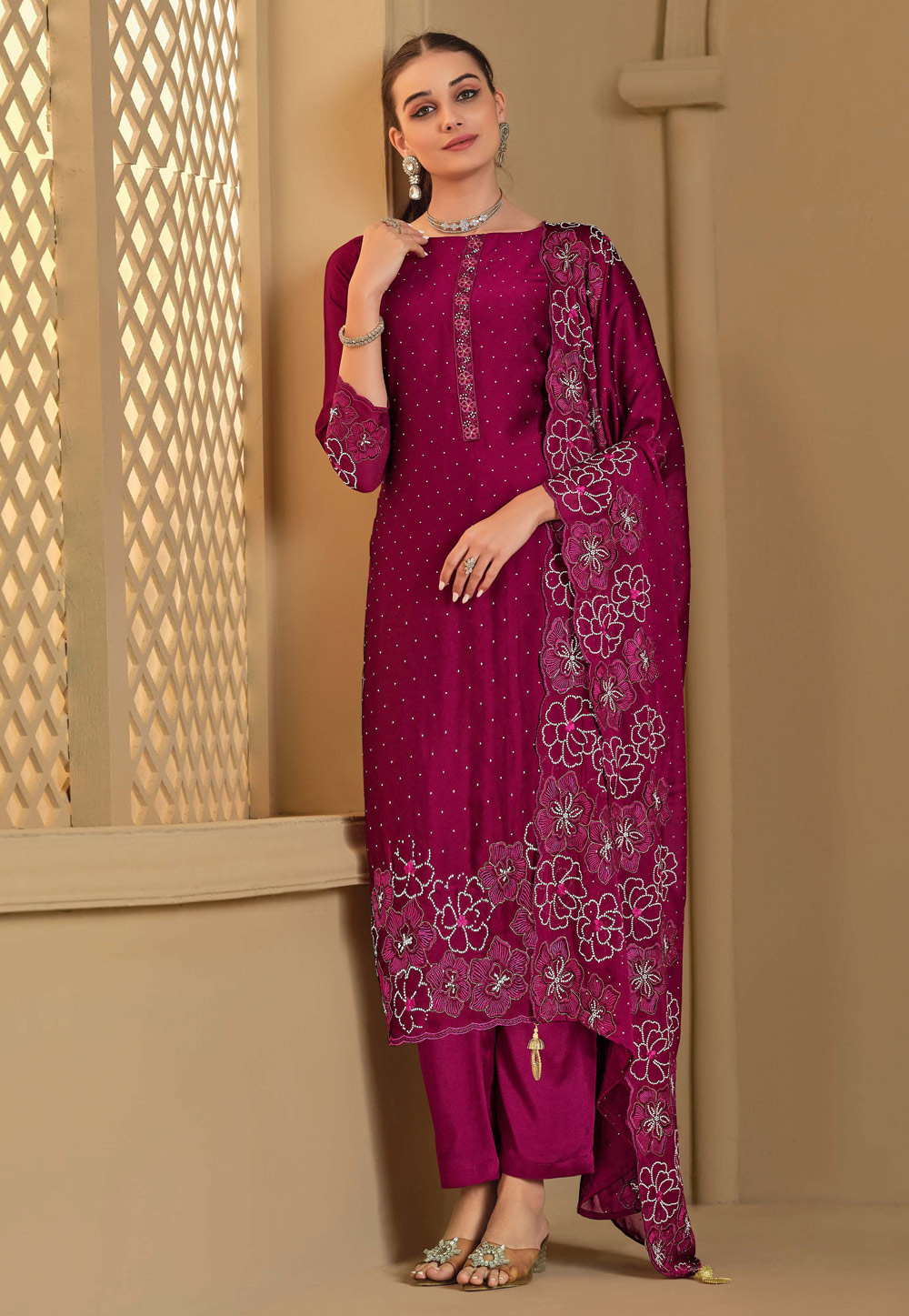 Magenta Georgette Straight Suit 310920