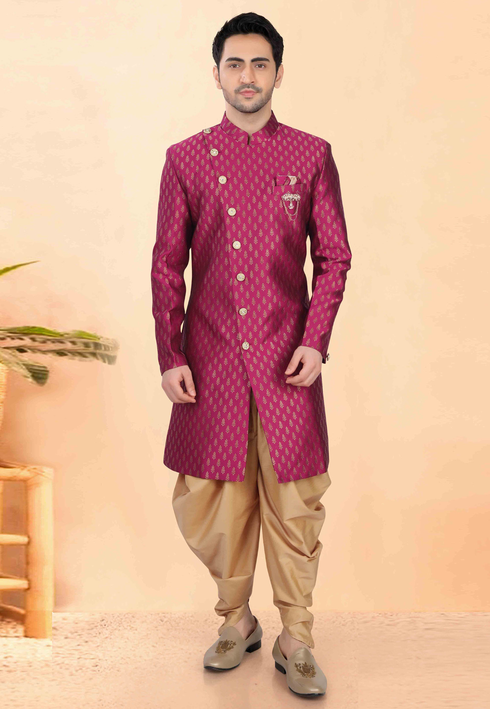 Magenta Jacquard Indo Western Suit 308633