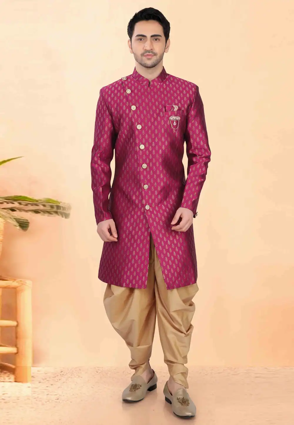 Magenta Jacquard Indo Western Suit 308633