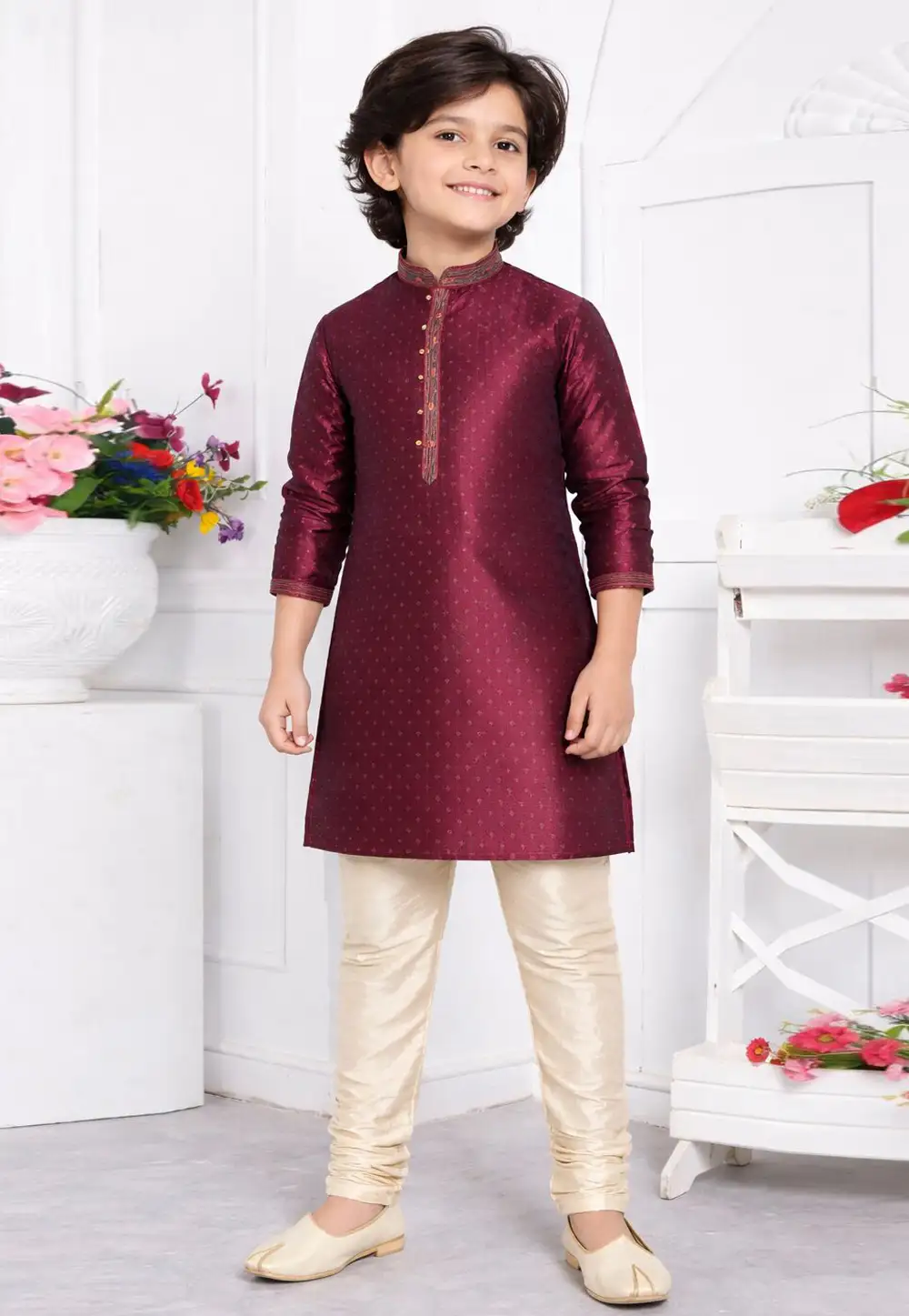 Magenta Jacquard Silk Kids Kurta Pajama 330783