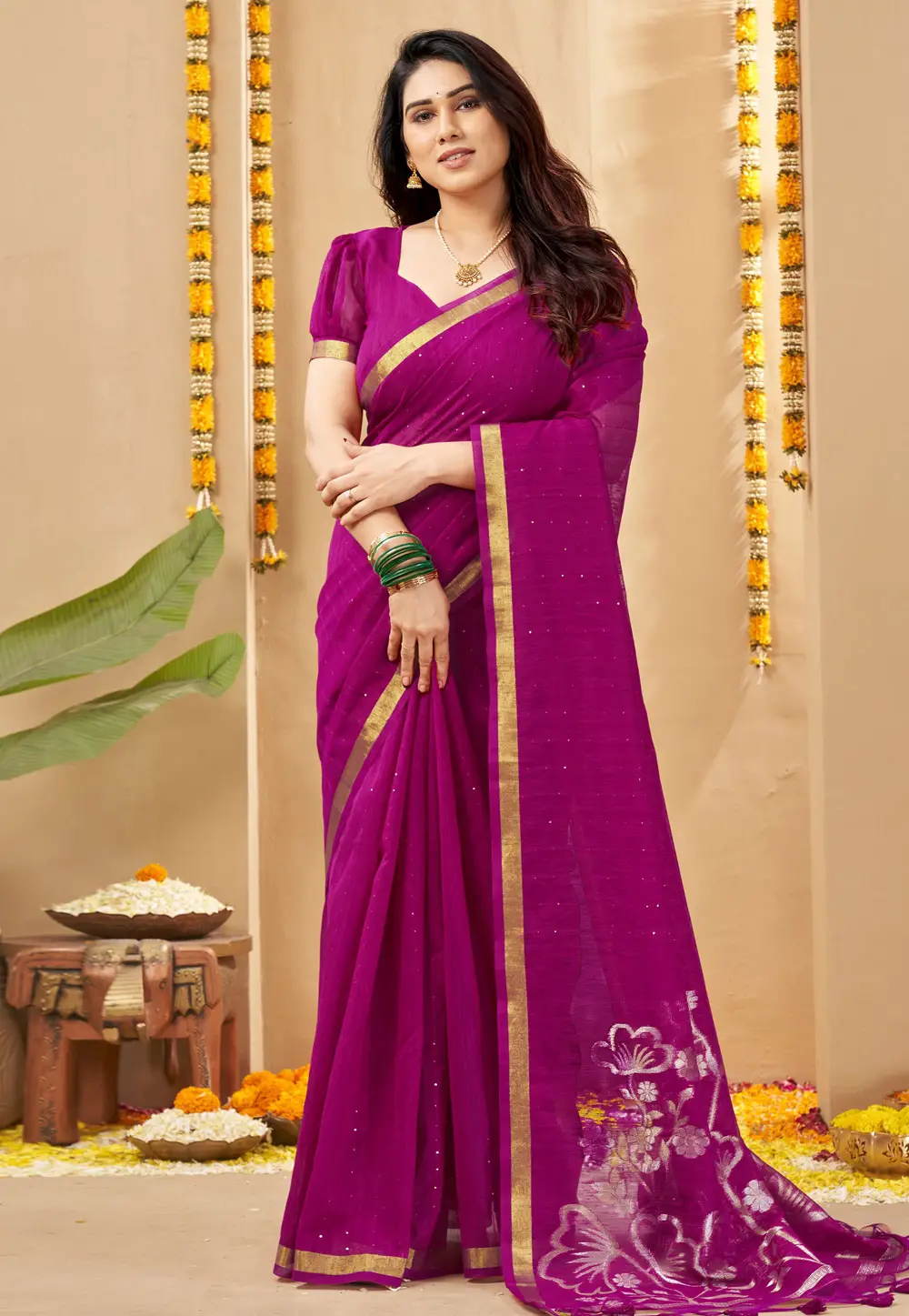 Magenta Linen Saree With Blouse 335967