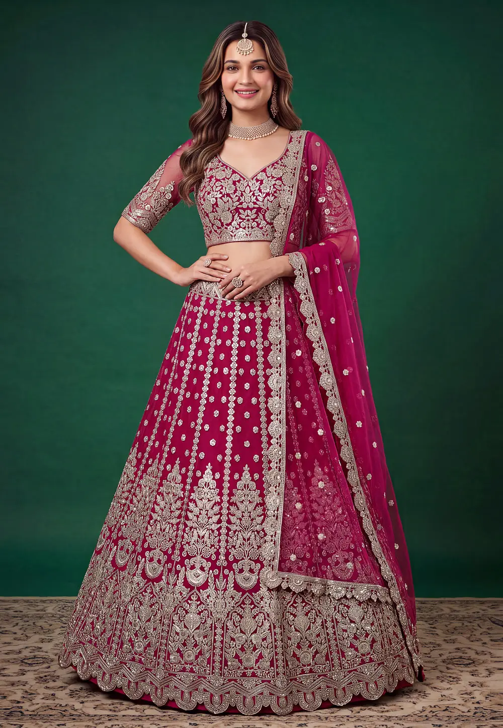 Magenta Net A Line Lehenga Choli 334502