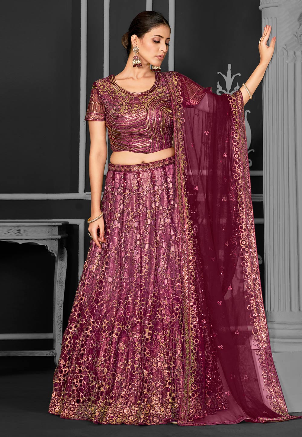 Magenta Net Lehenga Choli 310232